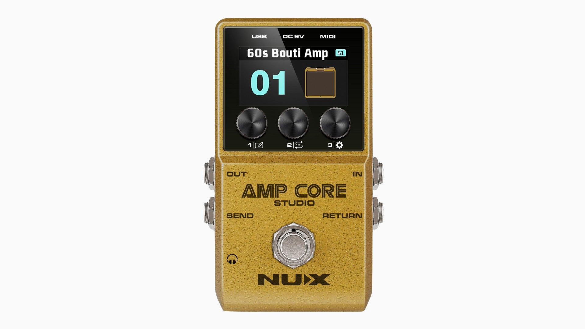 Gold NUX Amp Core Studio guitar effects pedal on a white background