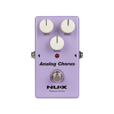 Purple Nux Analog Chorus guitar effects pedal with three knobs on a white background