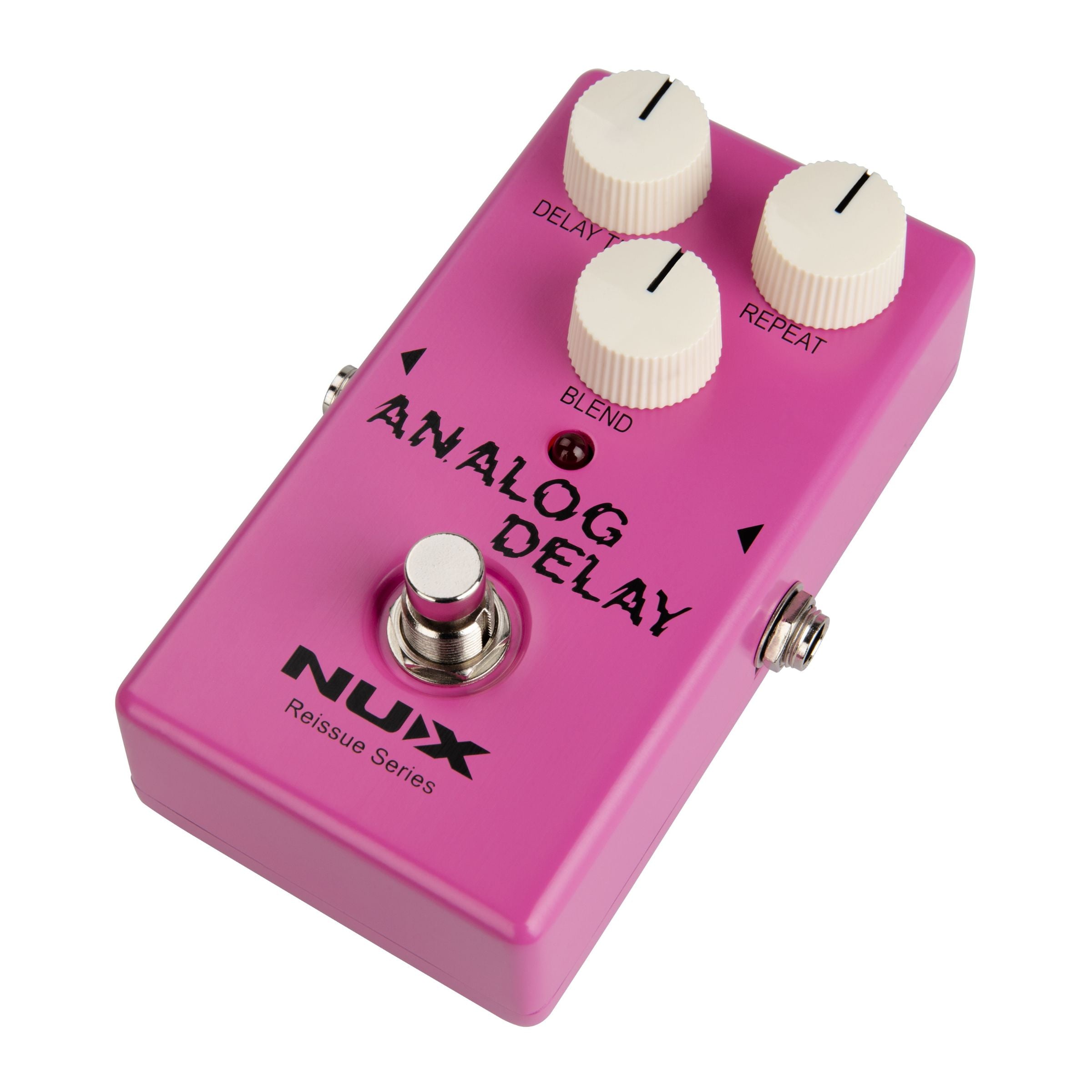 Pink Nux Analog Delay guitar effects pedal on a white background