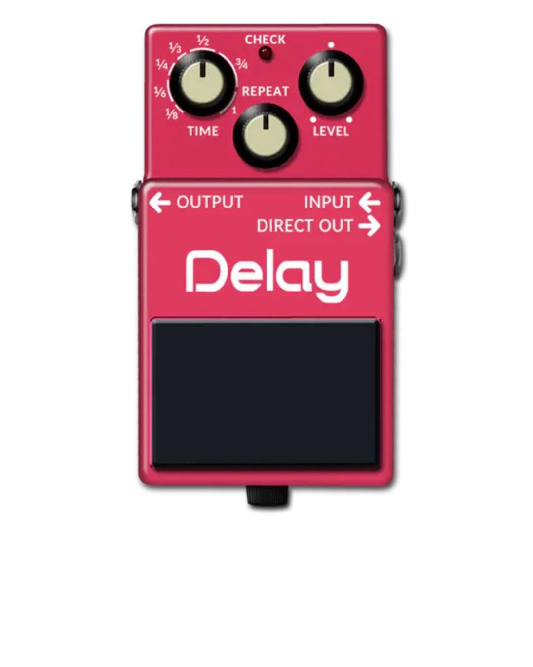 Red delay effects pedal with control knobs and labels on a white background