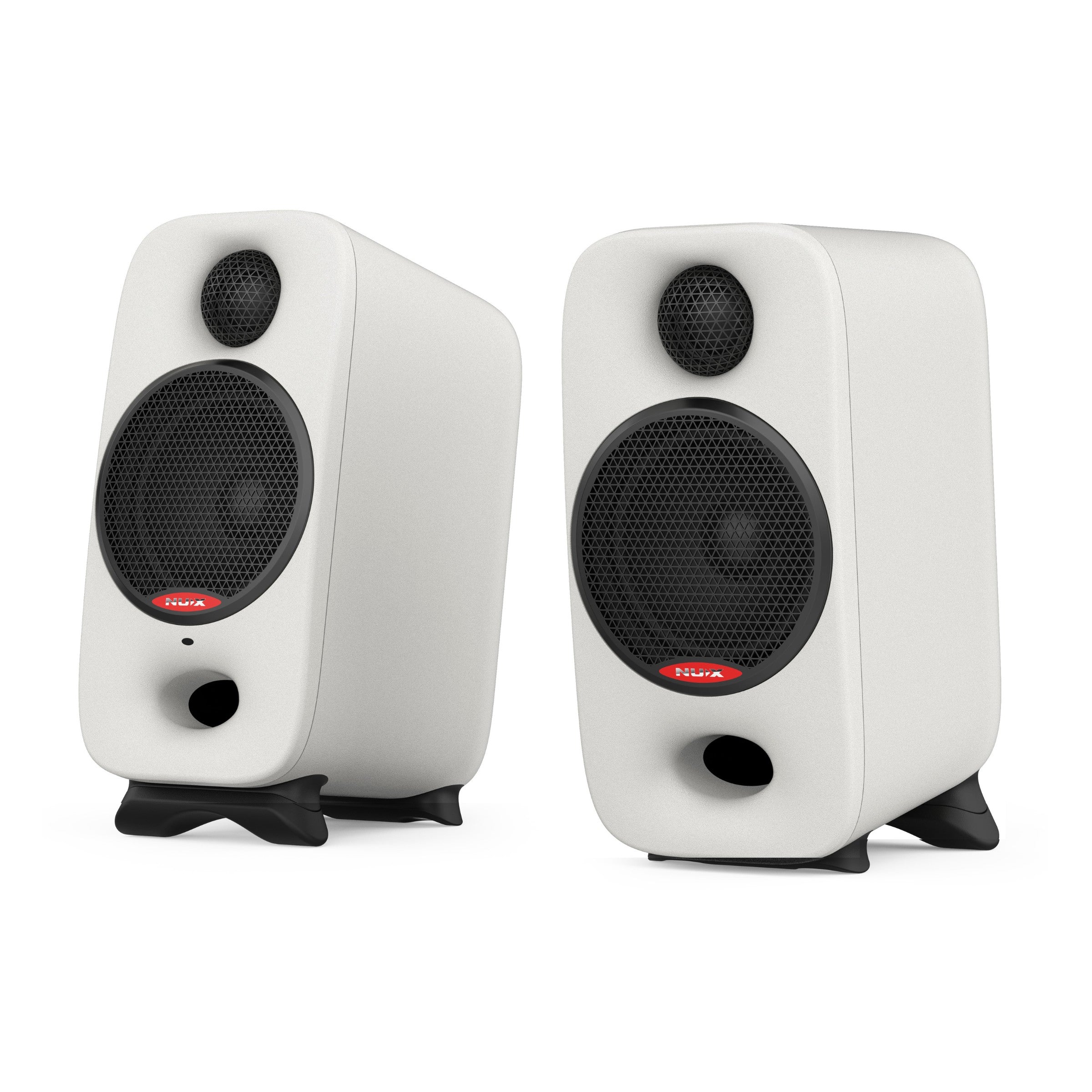 Pair of white nux axon studio monitor speakers on a white background