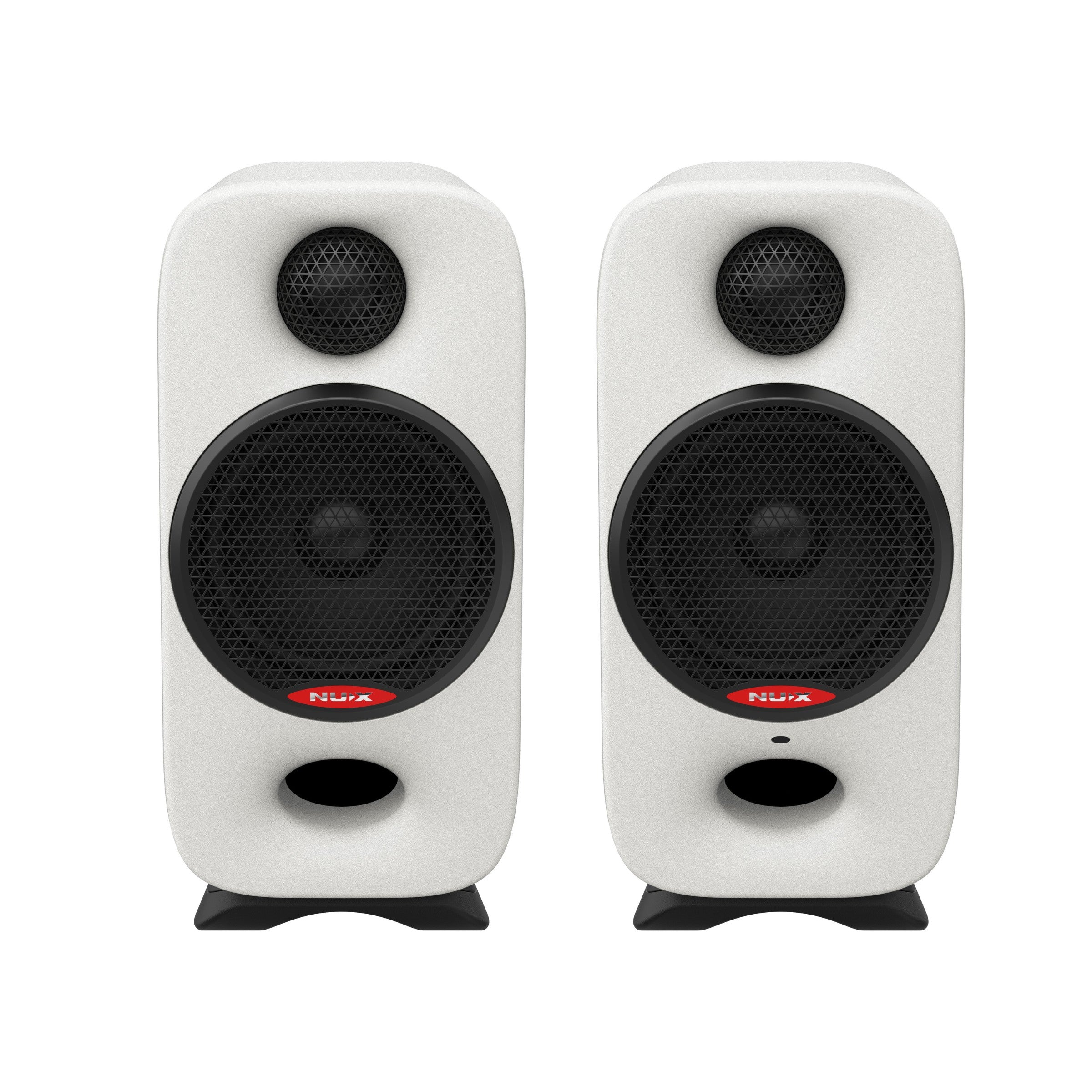 Pair of white NUX Studio monitor speakers with black grilles on a white background