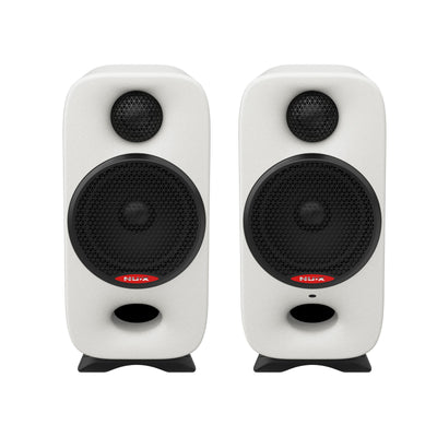 Pair of white NUX Studio monitor speakers with black grilles on a white background