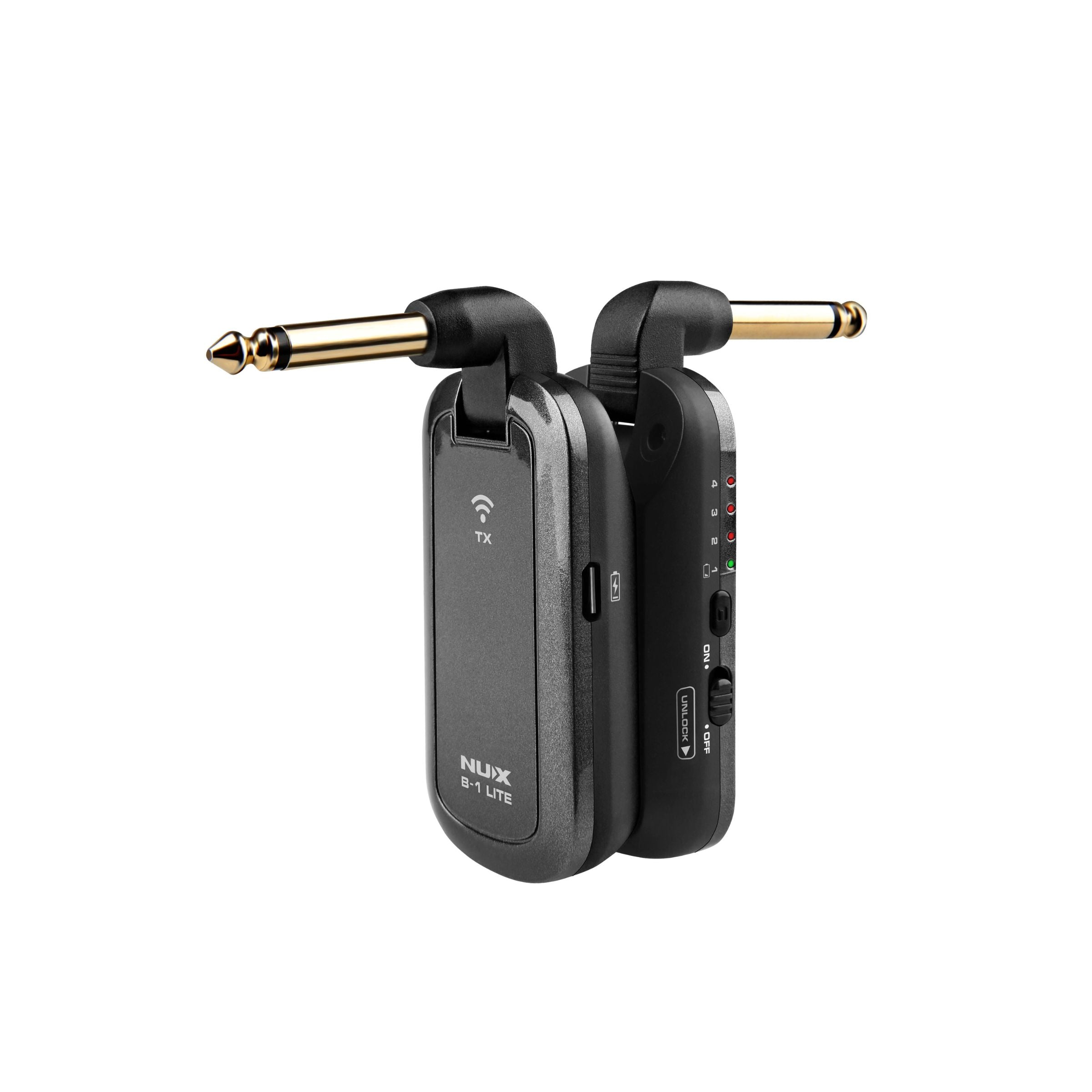 NUX B-1 LITE wireless guitar transmitter and receiver side-by-side showing the charging port and controls