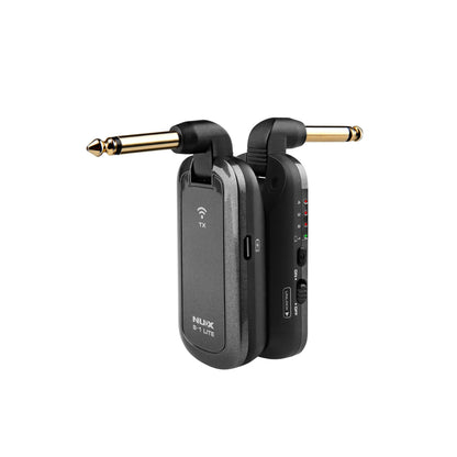 NUX B-1 LITE wireless guitar transmitter and receiver side-by-side showing the charging port and controls