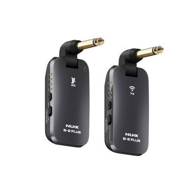 NUX B-2 PLUS wireless guitar transmitter and receiver with plug facing frontward.