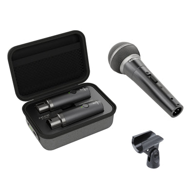 NUX B-3RC wireless microphone system with mic, wireless transmitter and receiver, charging case, and a mic holder.
