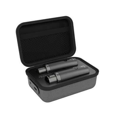 NUX B-3RC wireless microphone transmitter and receiver in a black portable charging case on a white background