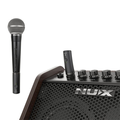 Nux microphone and amplifier on a white background