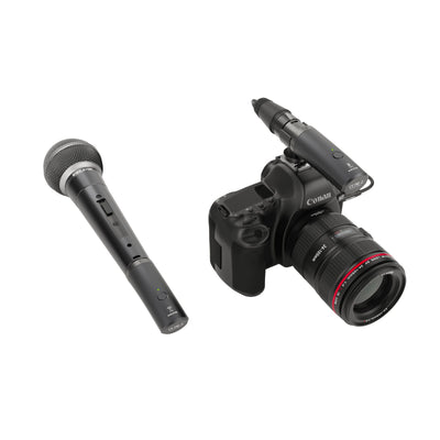 Canon camera equipped with a receiver from NUX B-3RC wireless microphone system on a white background