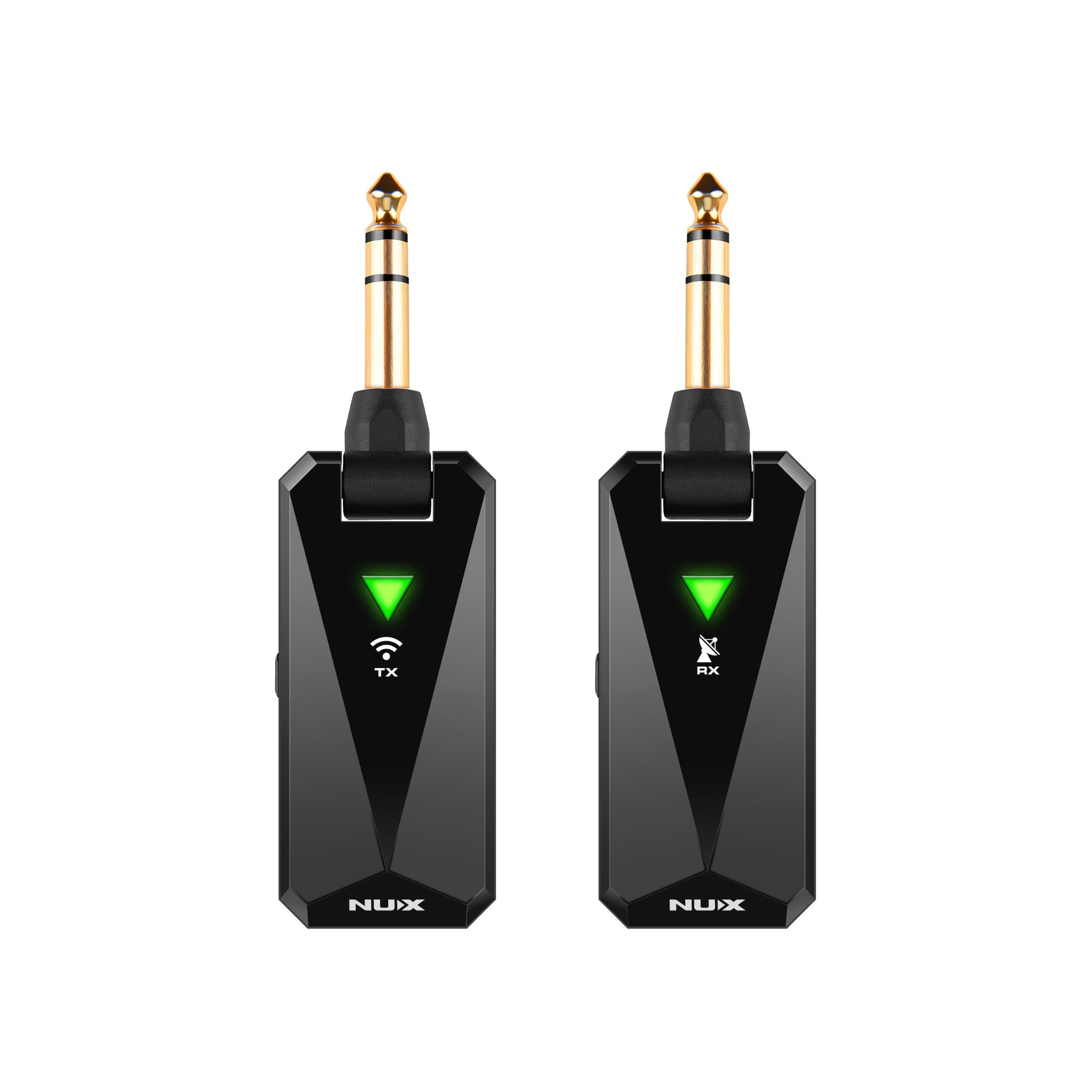 NUX B-5RC wireless guitar system transmitter and receiver in white background