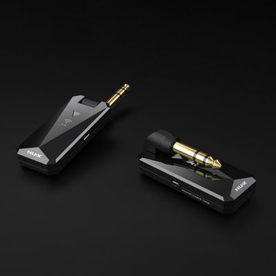 NUX B-5RC wireless guitar system transmitter and receiver side-by-side on a black background
