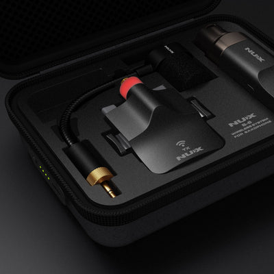 NUX B-6 wireless wind instrument microphone case in black background