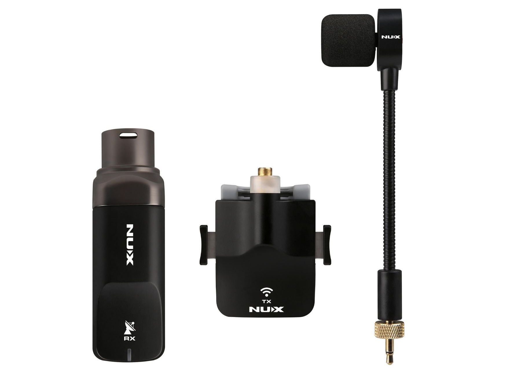 Nux audio equipment including a transmitter, receiver, and microphone on a white background