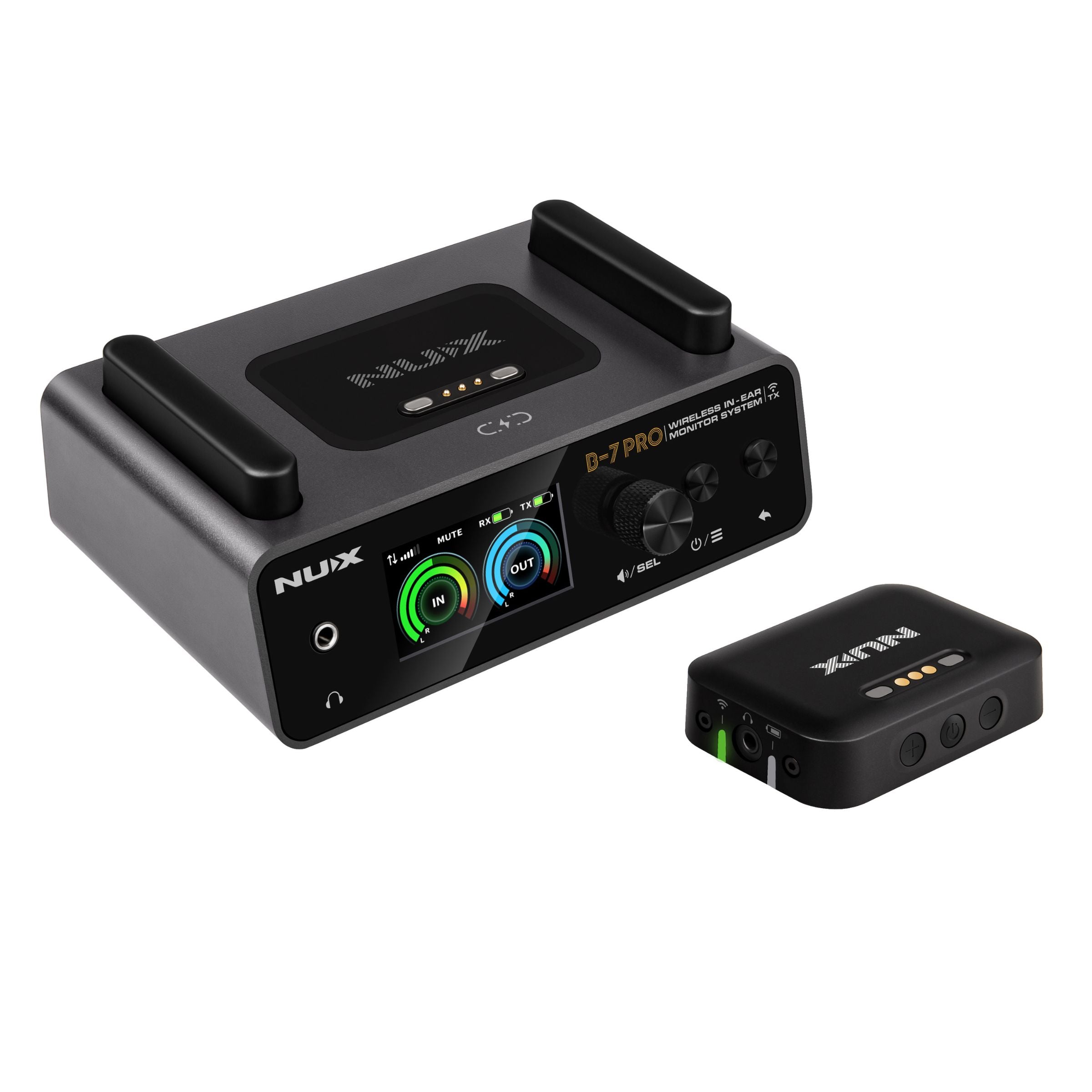 NUX B-7 PRO wireless in-ear monitor system transmitter with LCD screen showing output volume and a wireless receiver in white background.