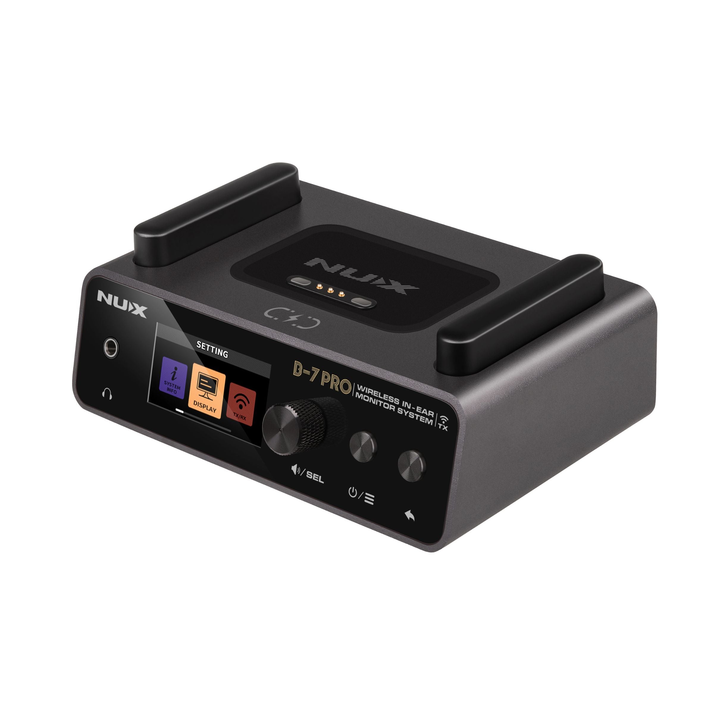 NUX B-7 PRO wireless in-ear monitor system transmitter with LCD screen display in white background.