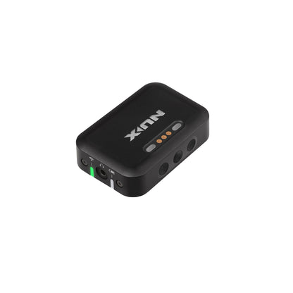 NUX B-7 PRO wireless in-ear monitor receiver with power on indicator, battery indicator, headphone plug, and volume controls.
