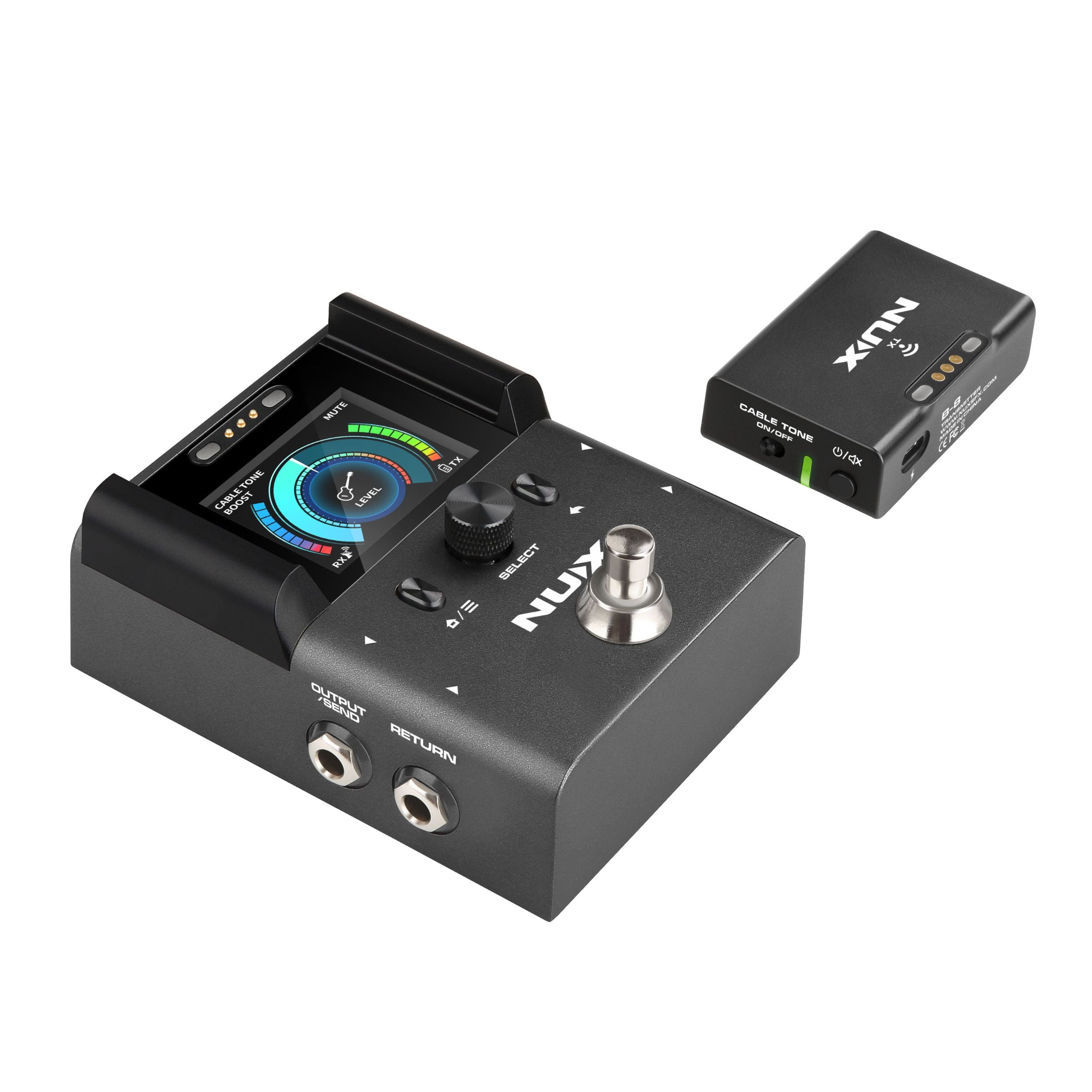 NUX B-8 Pedalboard Wireless System showing the receiver that also acts as a pedal board and a wireless transmitter in white background.