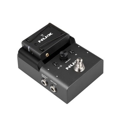 NUX B-8 pedalboard system showing how the wireless transmitter magnetically attached on top of the receiver for quick charging.