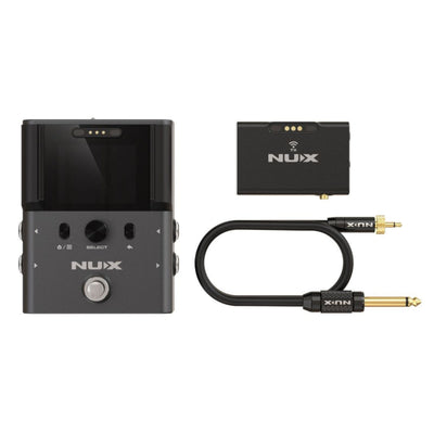 NUX B-8 includes a pedalboard receiver, wireless transmitter, and a 1/4 inch to 1/8 inch Audio Cable.