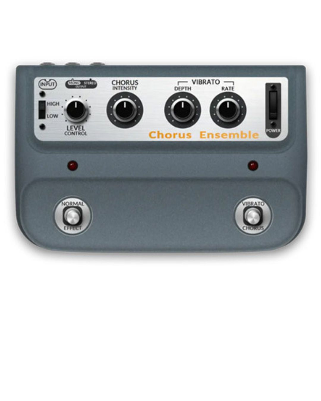 Guitar effects pedal with control knobs and labels on a white background