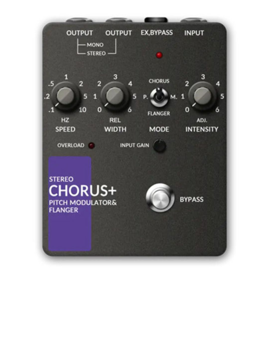 Guitar effects pedal with control knobs and labels on a white background