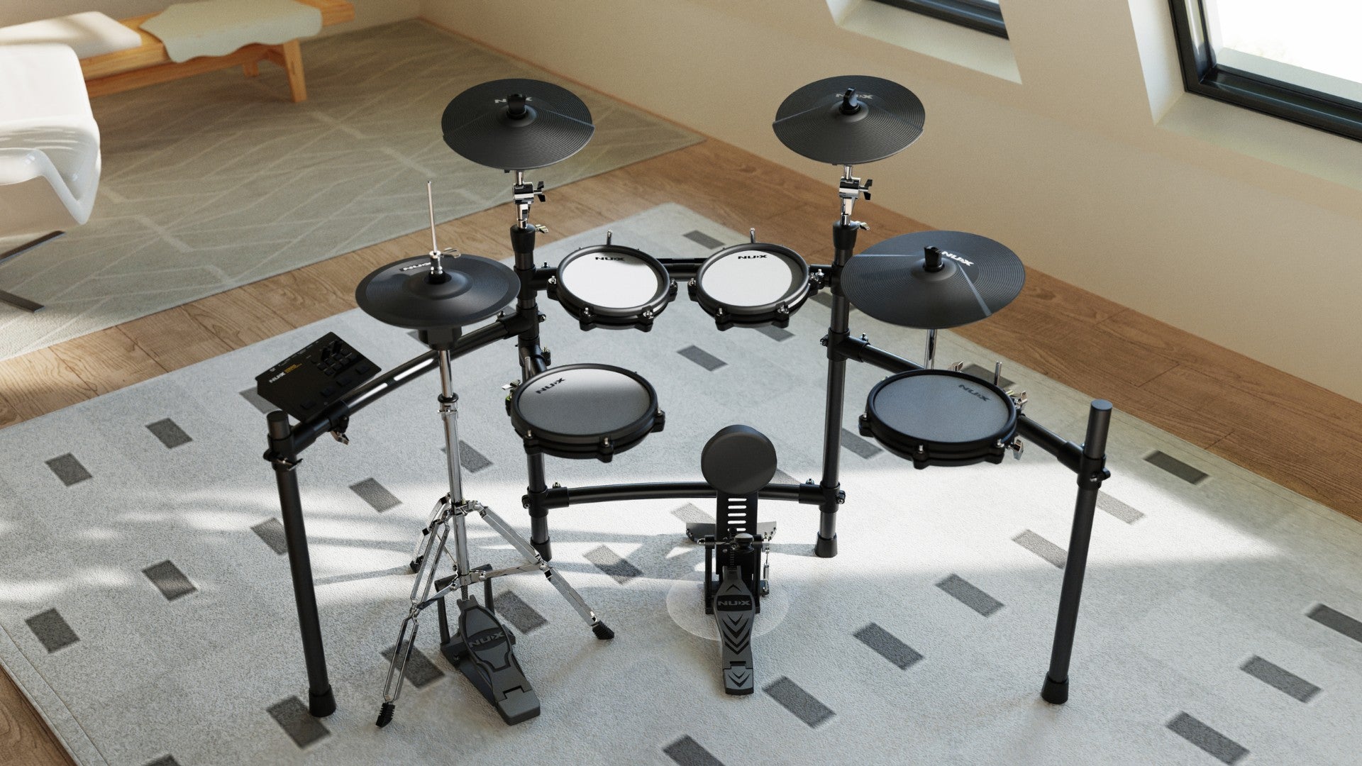 NUX Electronic drum set on a rug in a room with a window and chair.