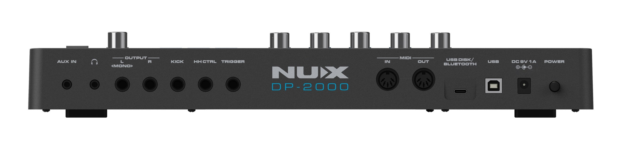Back view of a NUX DP-2000 audio device with various ports and labels.