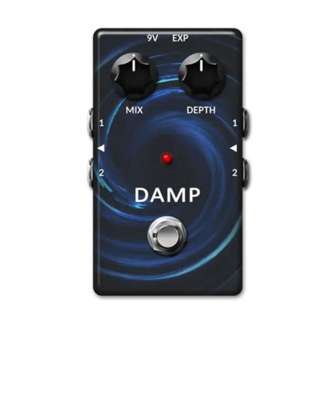 Guitar effects pedal with 'DAMP' branding on a white background