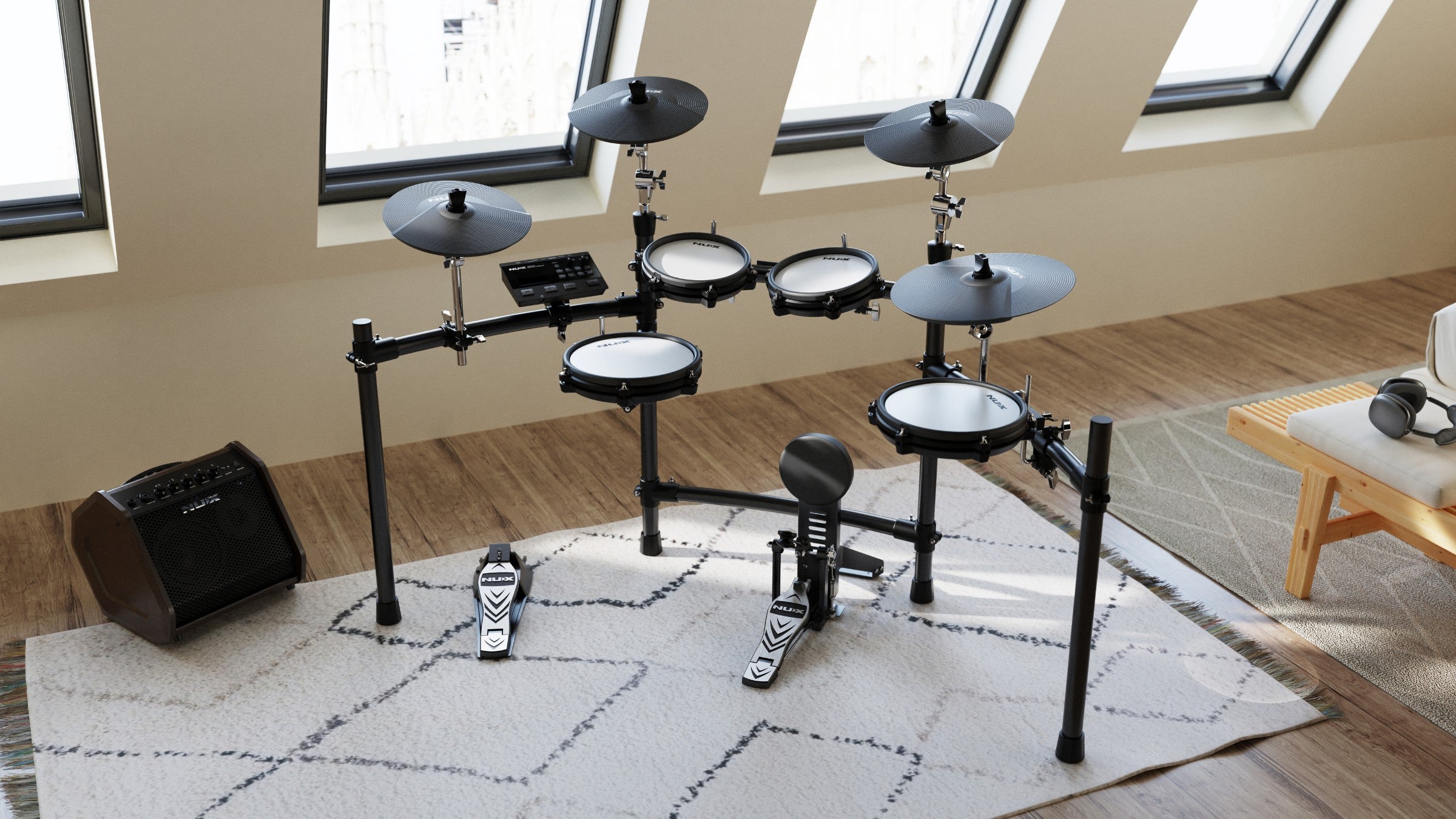 NUX DM-310 Electronic drum set in a room with windows and a rug.