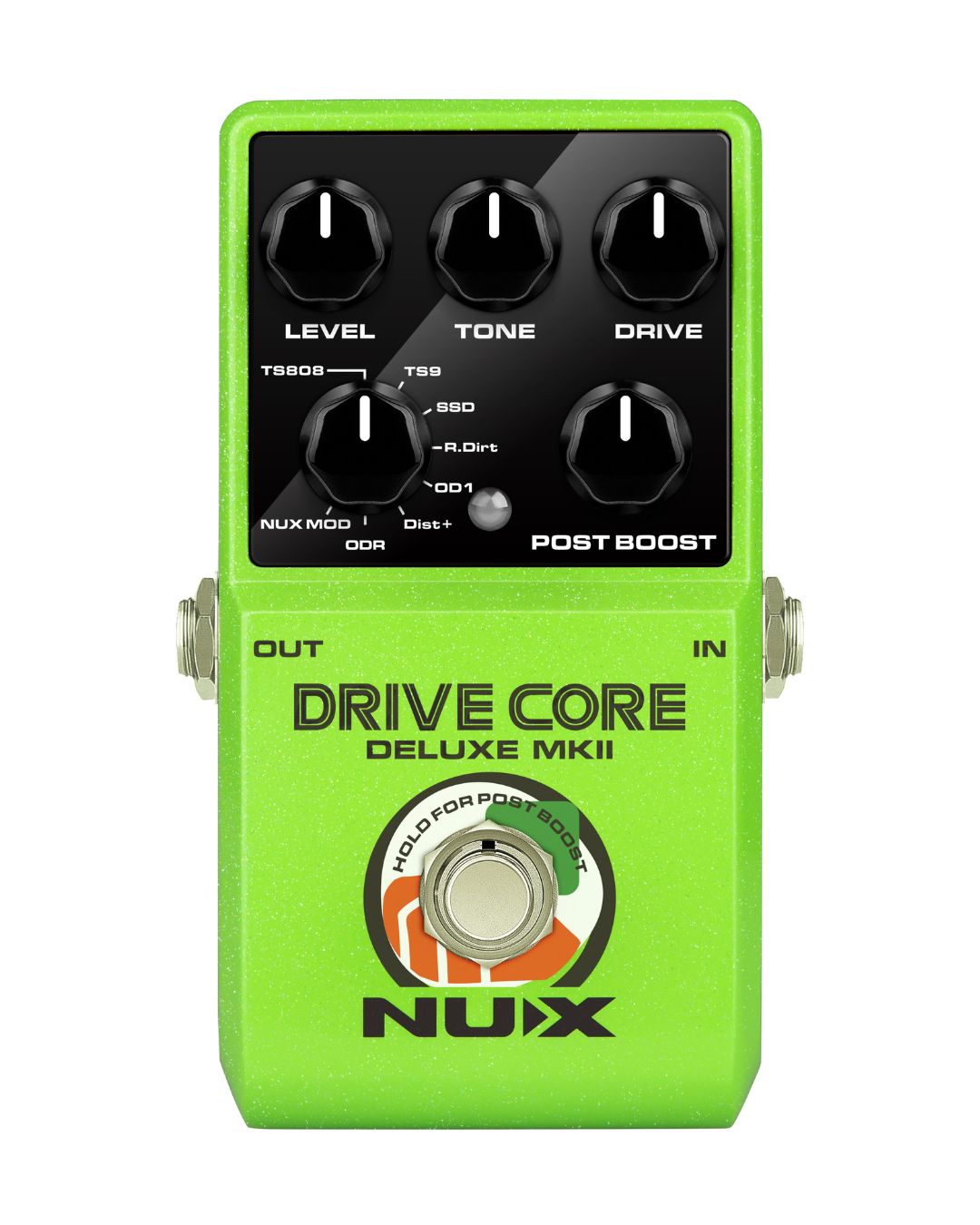 Green Nux Drive Core Deluxe MKII guitar effects pedal on a white background