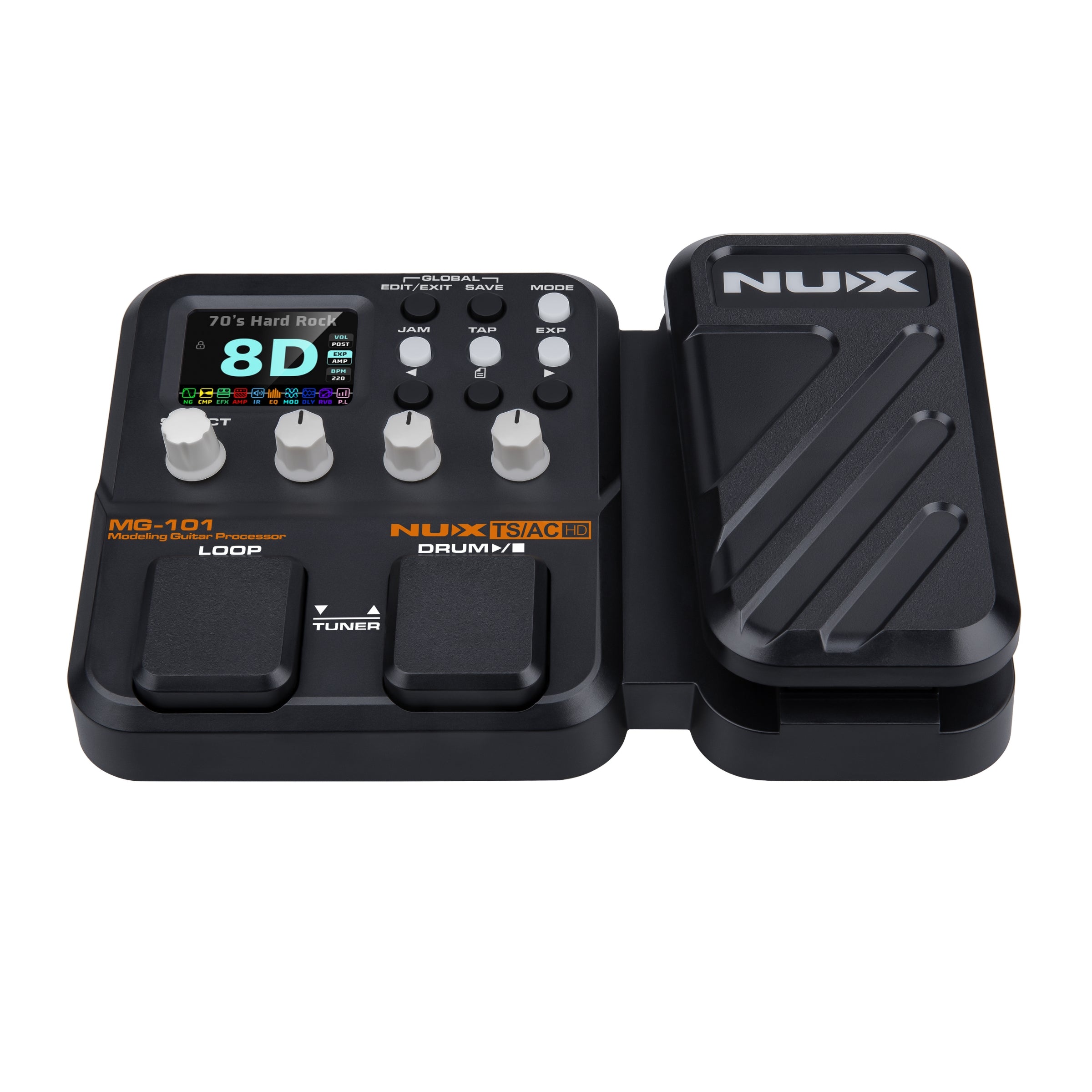 Nux multi-effects MG-101 pedal with footswitch on a white background