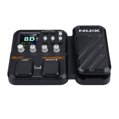 Nux multi-effects MG-101 pedal with footswitch on a white background