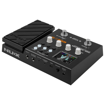 Black NUX multi-effects pedal with footswitch on a white background