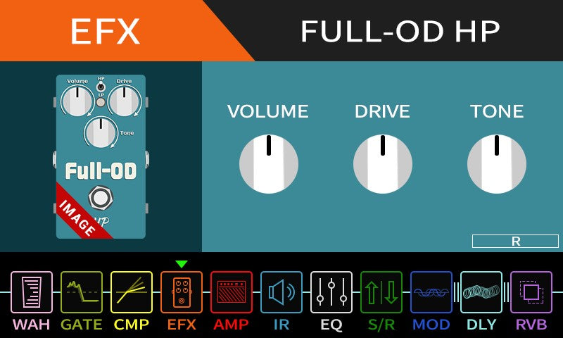 Full-OD HP guitar effects pedal with control knobs and branding on a dark background.