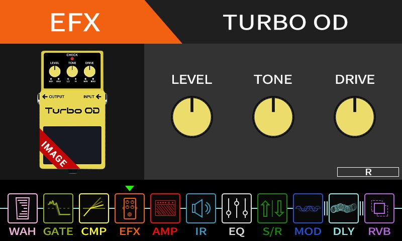 Turbo OD guitar effects pedal with control knobs and EFX label on a dark background
