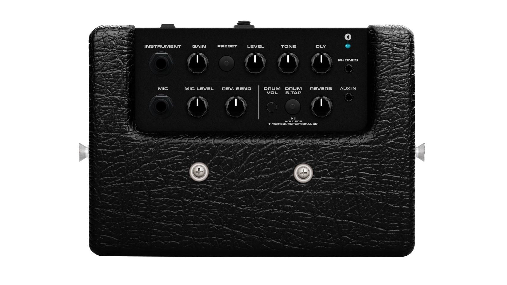 black NUX mighty 8bt mkii amp showing knob controls for gain, level, tone, delay, mic level, rev send, and reverb