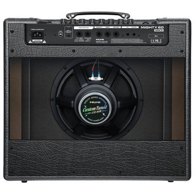 Black guitar amplifier with Nux logo on a white background