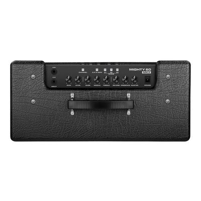 Black NUX guitar amplifier with control panel on a white background