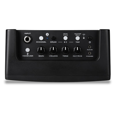 Black electronic device with control buttons on a white background