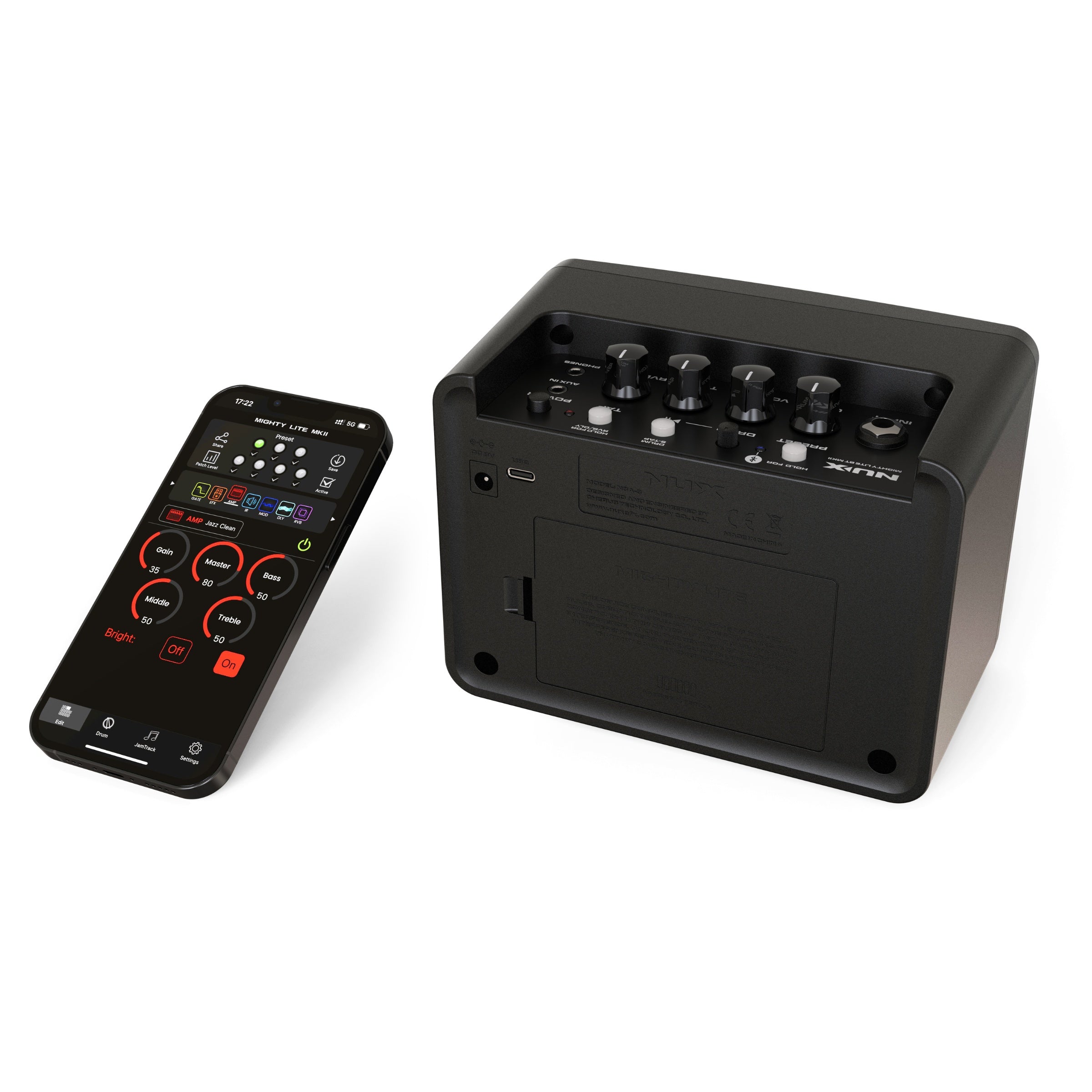 nux mighty lite portable amp next to a smartphone with the included app on screen.