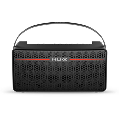 Black Nux portable Mighty Space guitar amplifier with a handle on a white background
