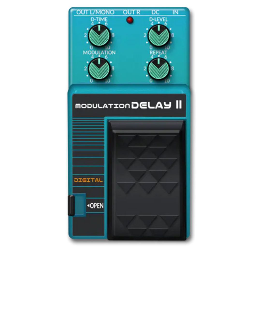 Modulation Delay II pedal with green knobs on a white background