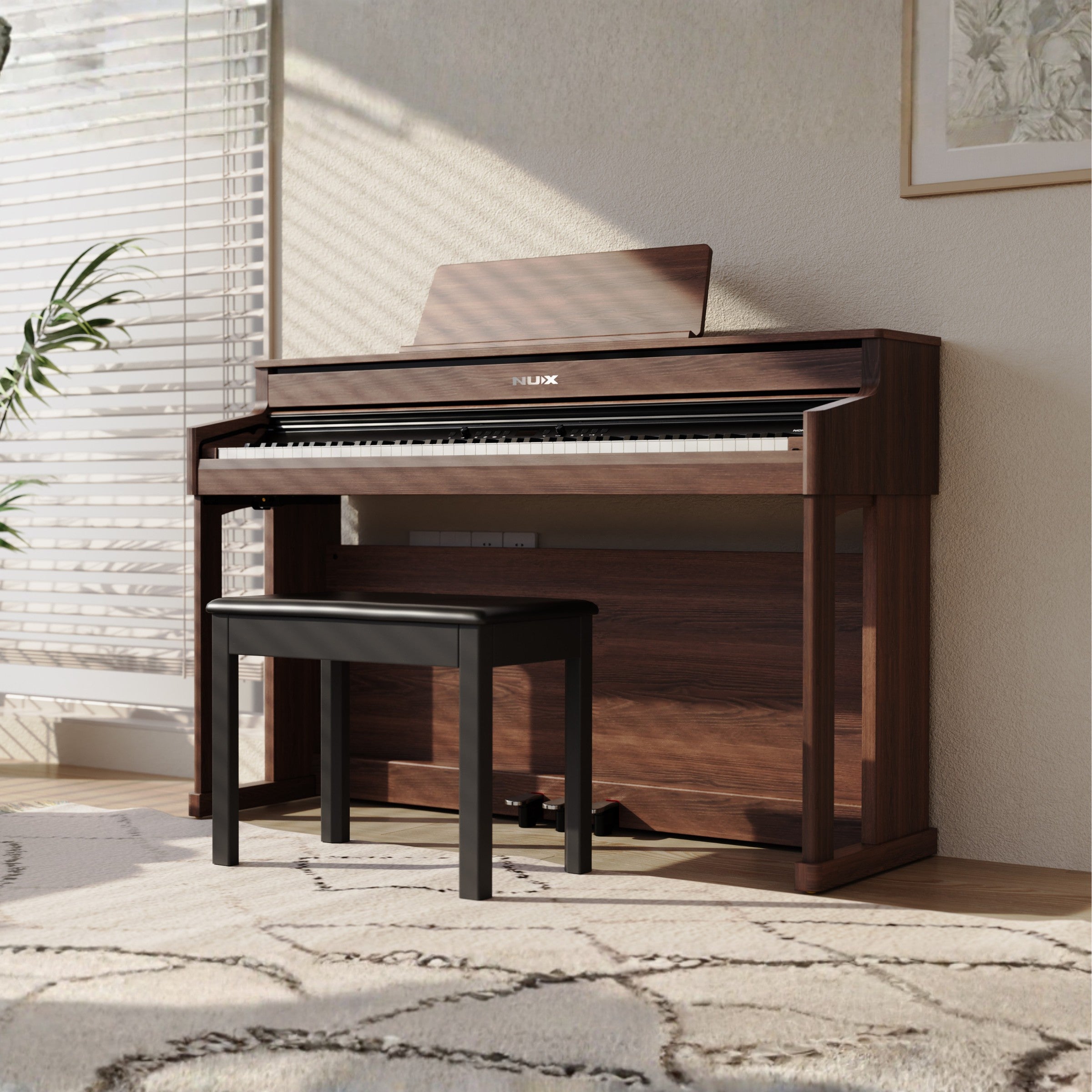 Wooden NUX upright digital piano with bench in a room with light-colored walls and a window.