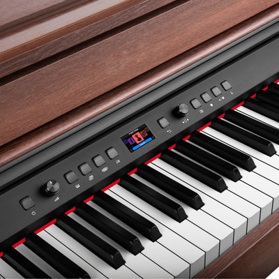 Close-up of a NUX digital piano with a wooden finish and keyboard details.