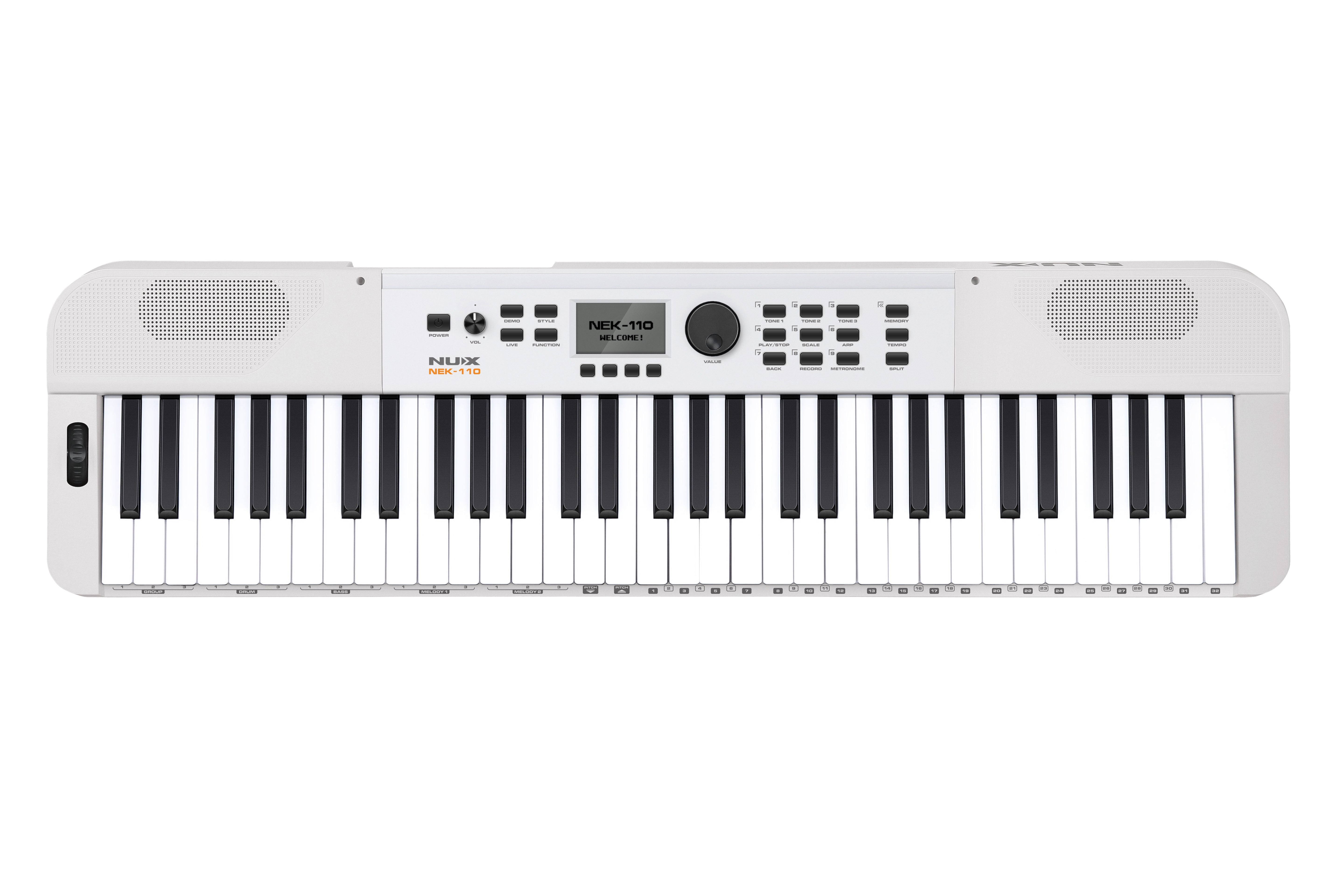 NUX NEK-110 61-key portable keyboard – top-down view showing full control panel and keys