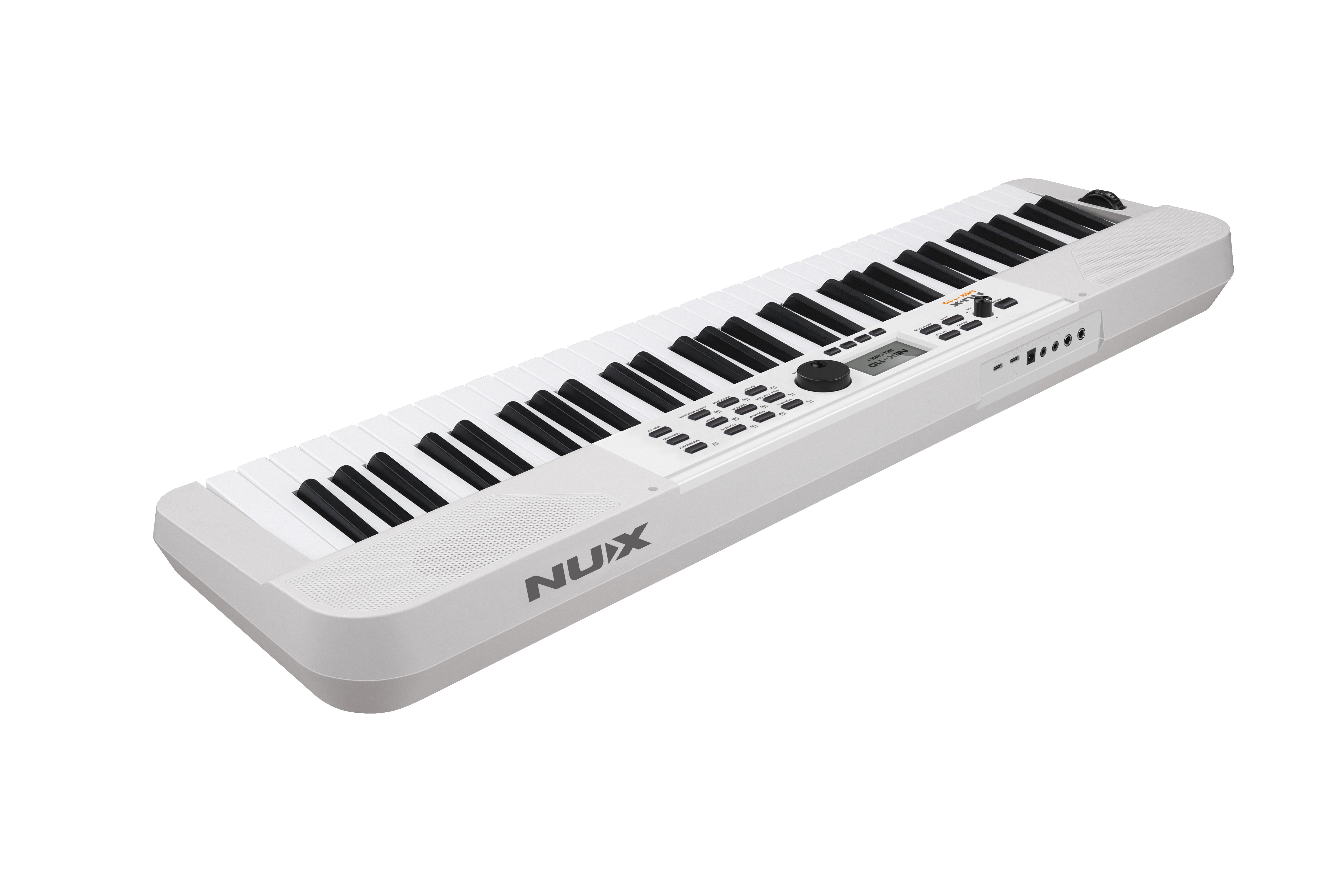 NUX NEK-110 keyboard angled full-length view showing control panel and ports