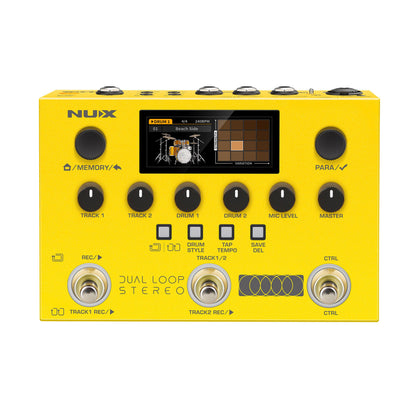 Yellow NUX Dual Loop Stereo multi-effect pedal with LCD screen on white background
