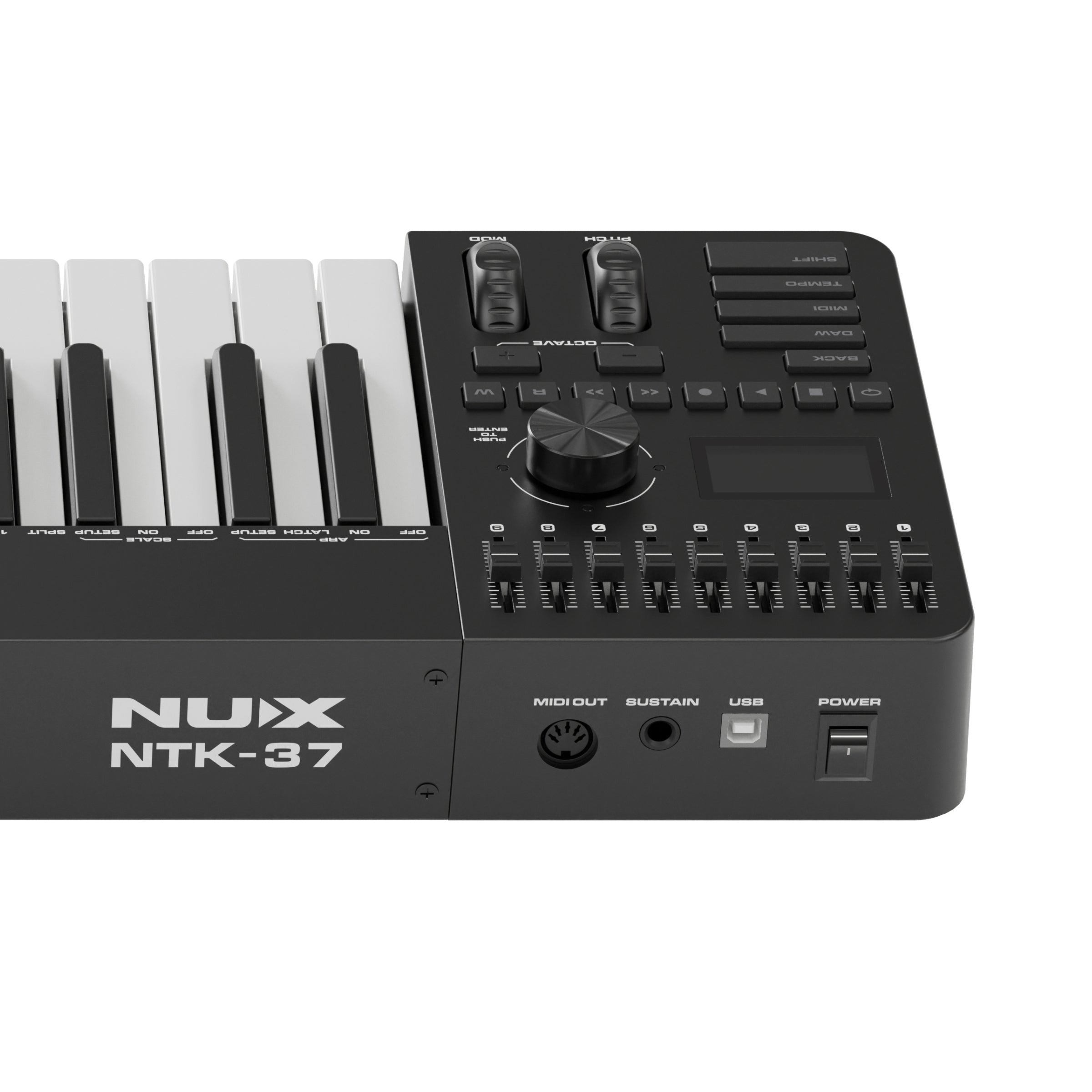 Back side panel of the NUX NTK-37 midi keyboard controller showing the MIDI Out, sustain input, USB Input and power switch of the keyboard