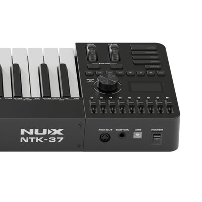 Back side panel of the NUX NTK-37 midi keyboard controller showing the MIDI Out, sustain input, USB Input and power switch of the keyboard